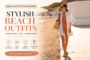 Woman wearing a stylish beach outfit with a white linen shirt, swimsuit, sandals, sunglasses, and woven tote