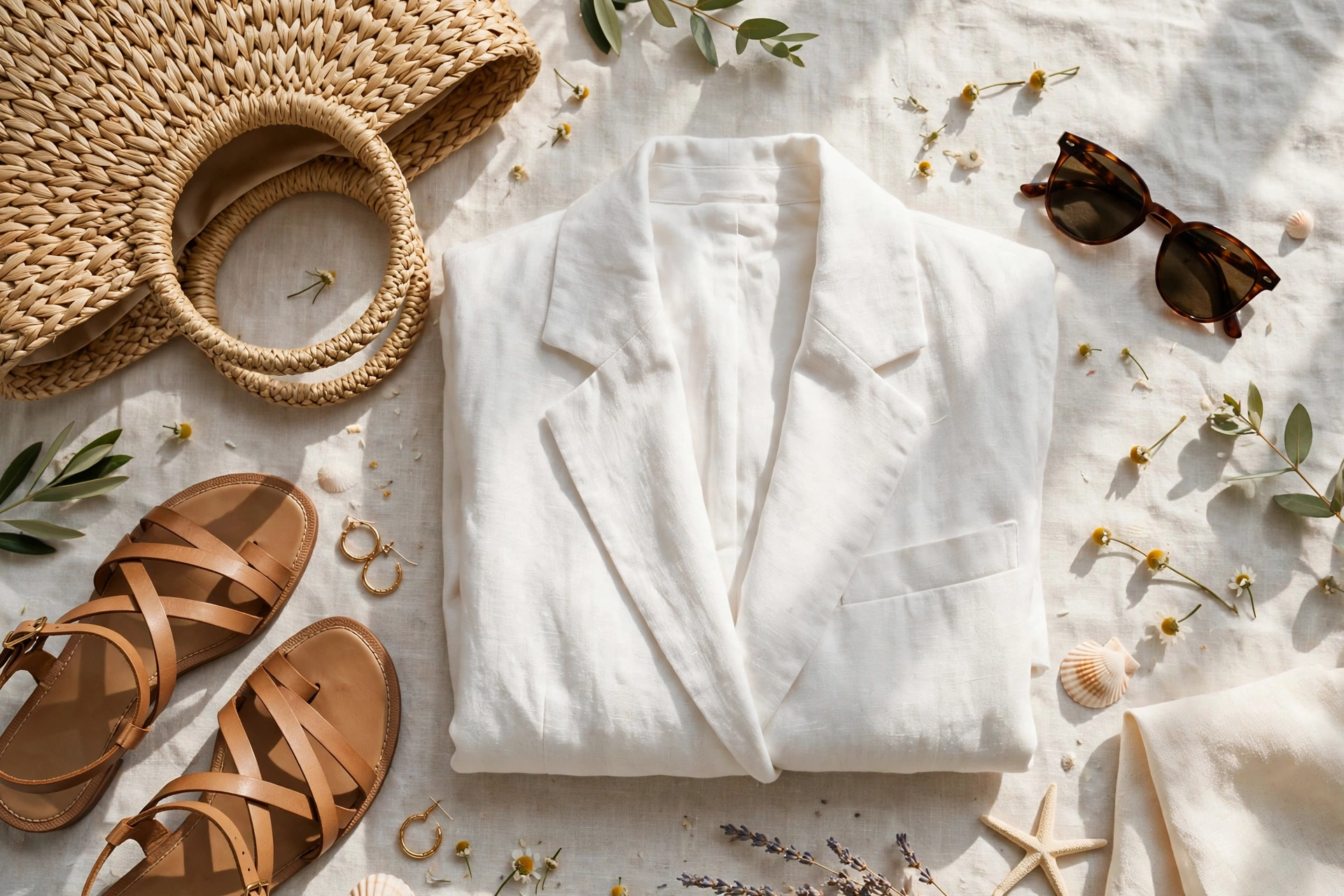 Flat lay of summer accessories including raffia bag, sandals, and sunglasses