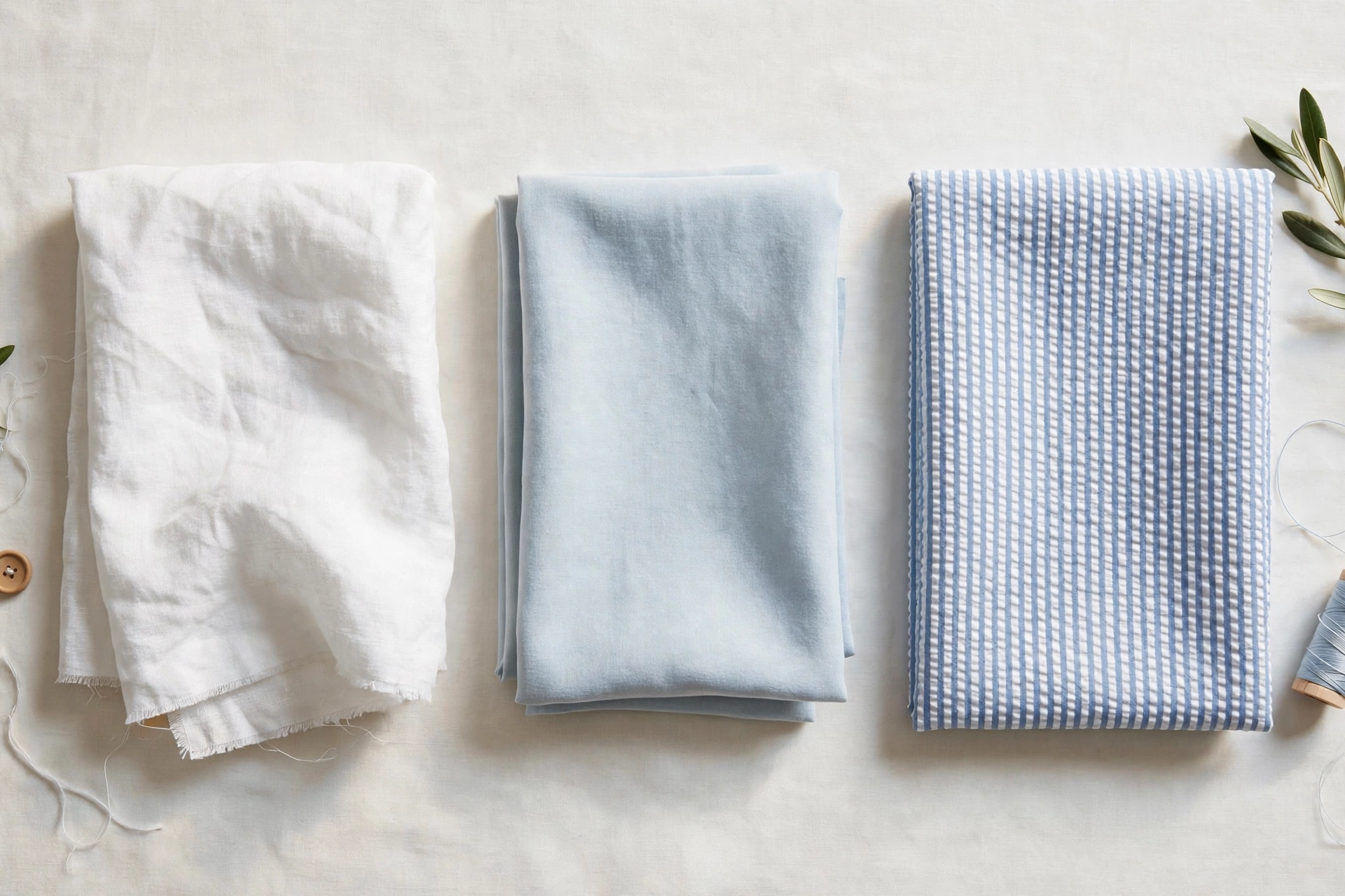 Flat lay of linen, cotton, and seersucker blazer fabric swatches