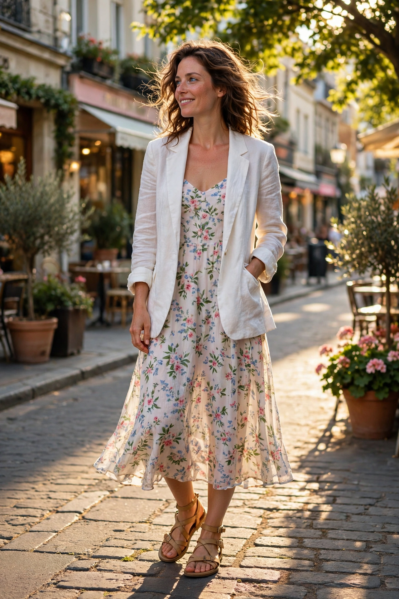 Woman wearing a linen blazer over a sundress in warm sunlight
