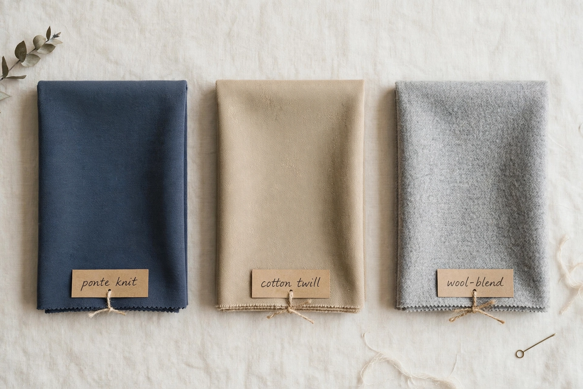 Flat lay of lightweight blazer fabrics in neutral tones