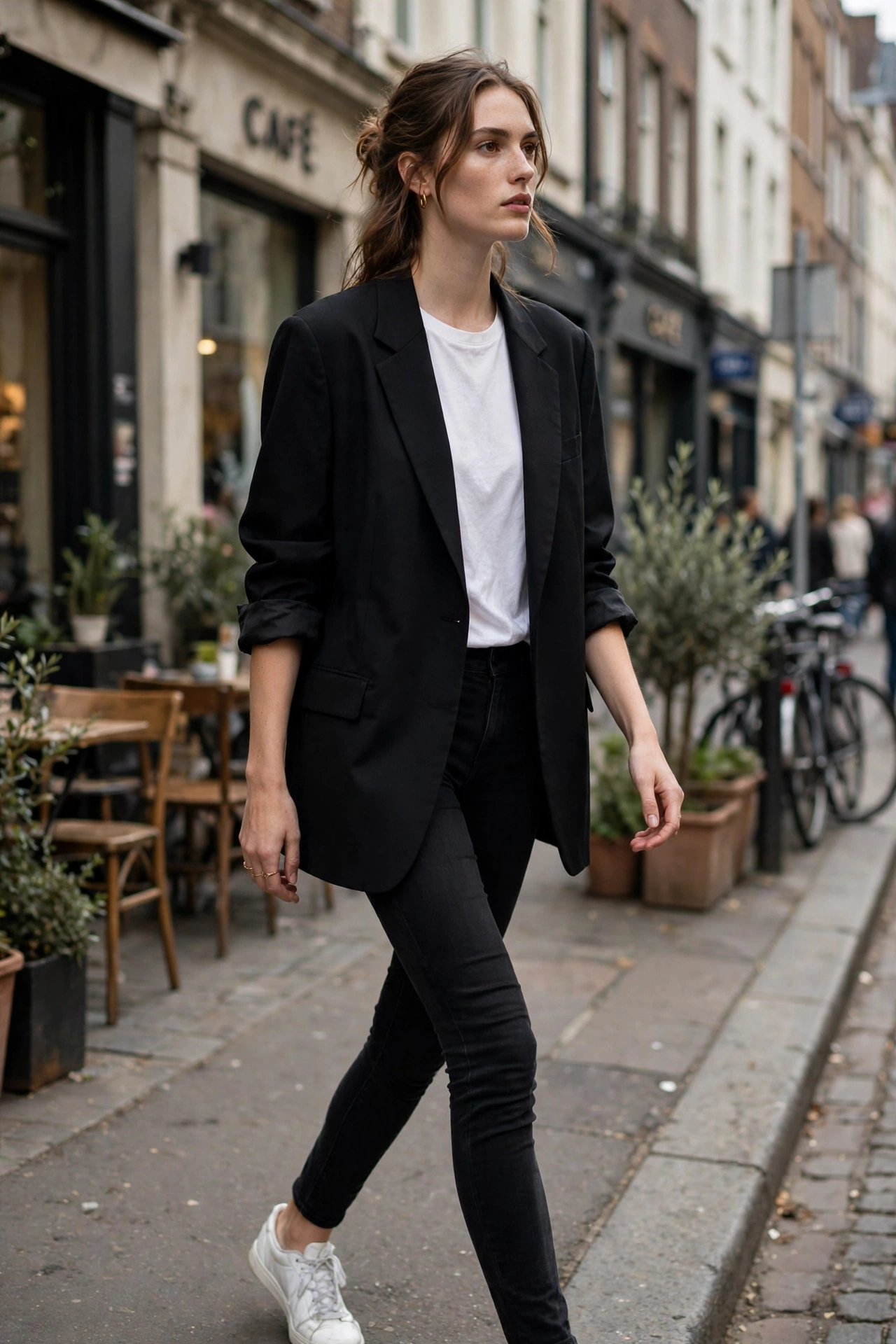 Tall woman wearing an oversized black blazer with skinny jeans