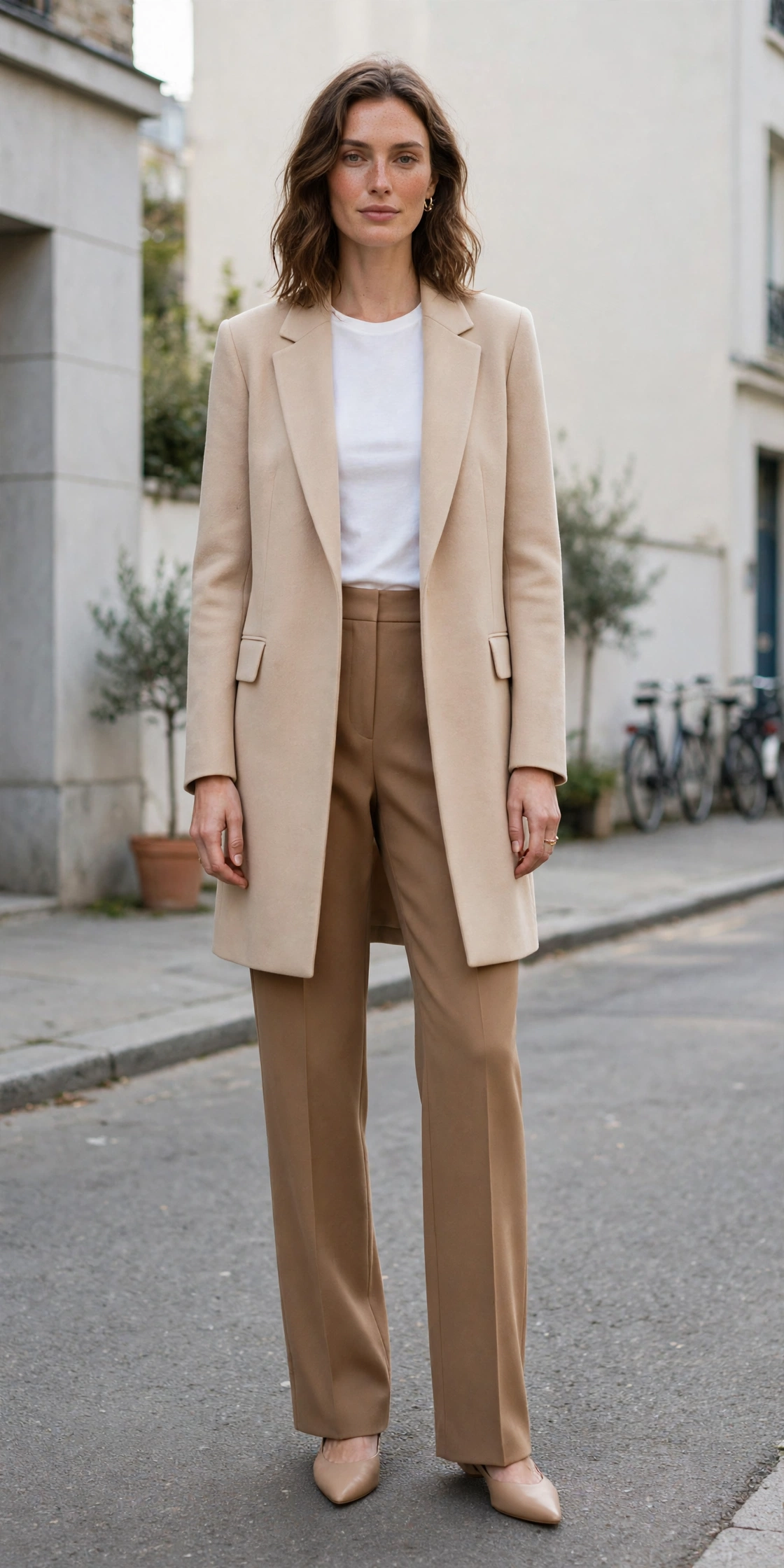 Tall woman wearing a longline camel blazer with straight-leg trousers
