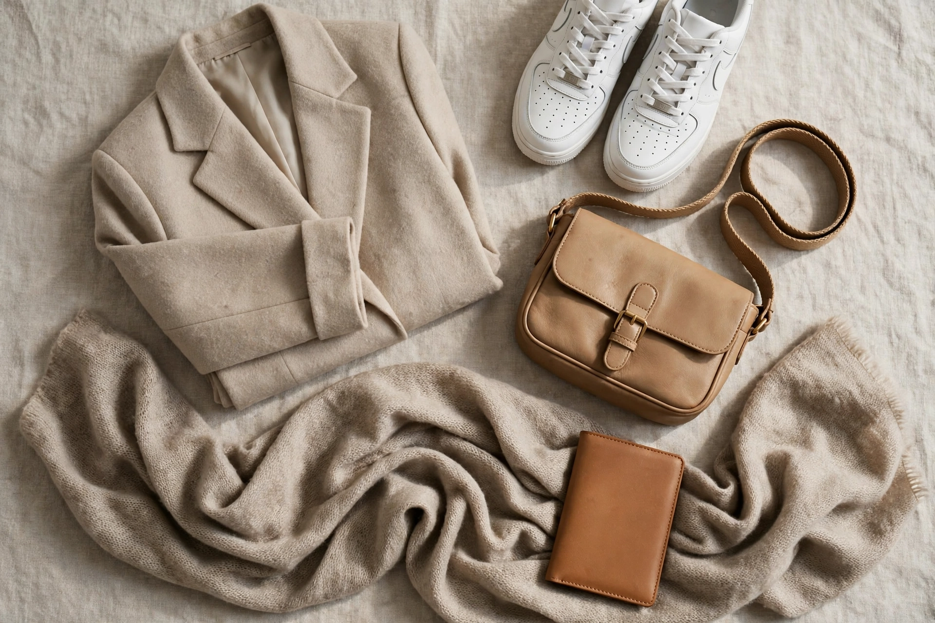 Flat lay of travel essentials for casual blazer outfits for travel