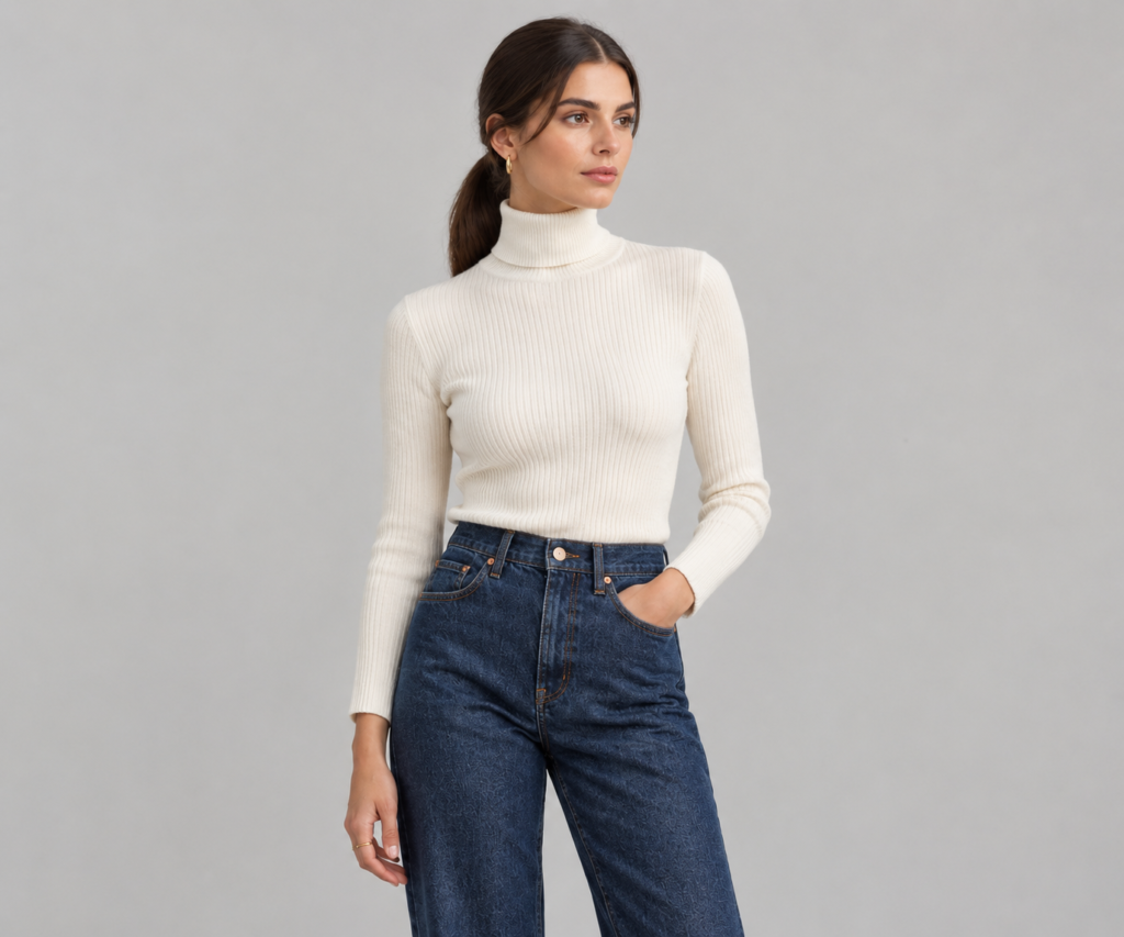 Woman in a fitted cream turtleneck and straight-leg jeans standing against a minimal backdrop 