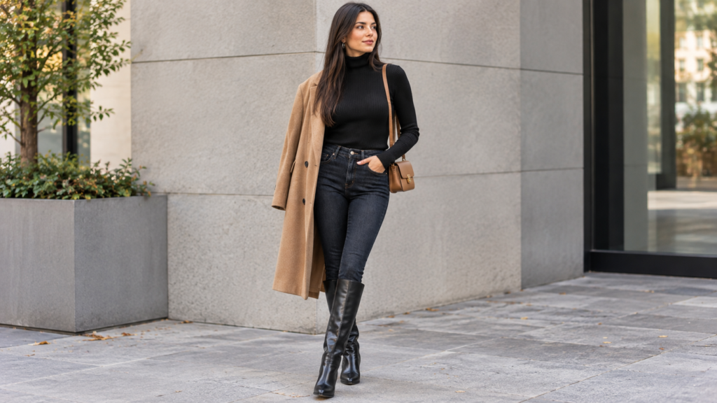 Woman wearing a fitted black turtleneck sweater with skinny jeans and knee-high boots