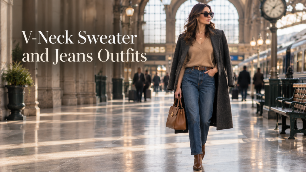 V-neck sweater and jeans outfit with a camel sweater, high-rise jeans, long coat, and brown boots