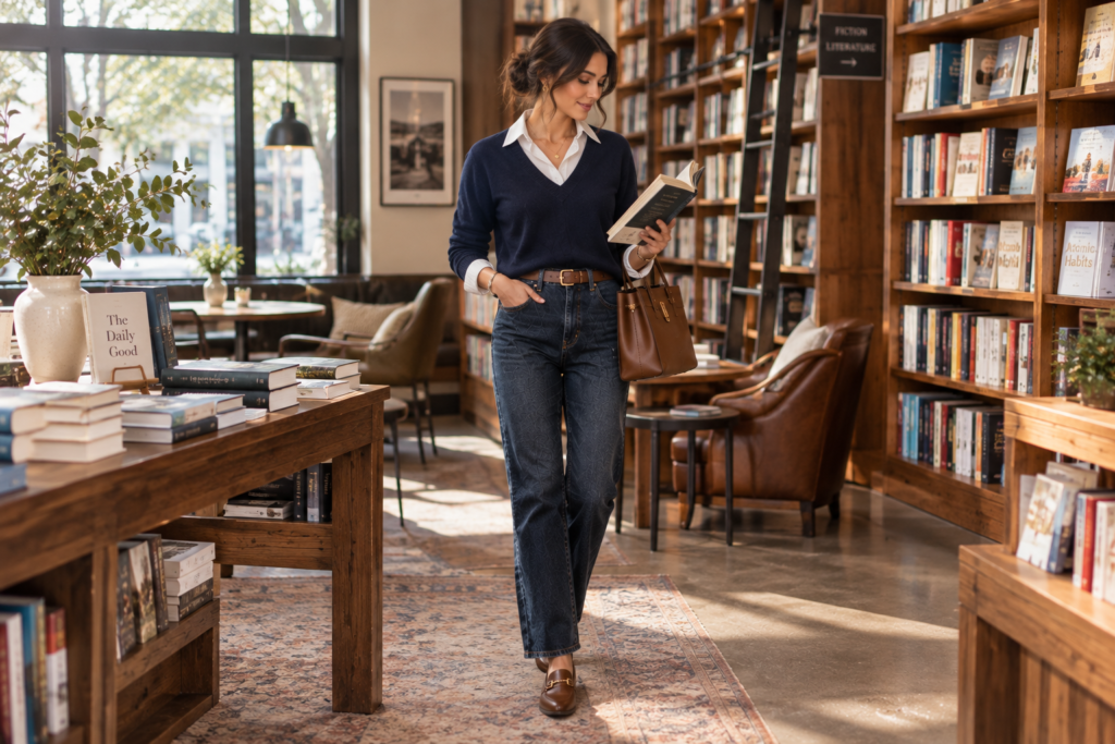 Navy V-neck sweater layered over a white collared shirt with dark straight-leg jeans