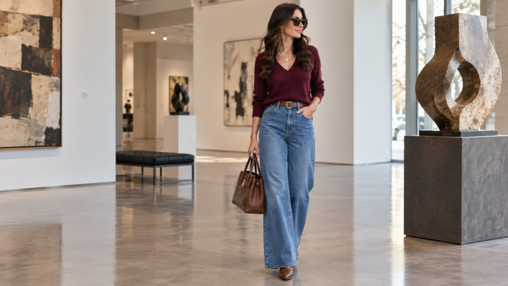 Woman wearing a burgundy V-neck sweater with high-rise wide-leg jeans and brown ankle boots