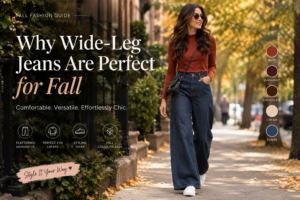 Woman wearing dark wide-leg jeans with a rust top and white sneakers on an autumn city street