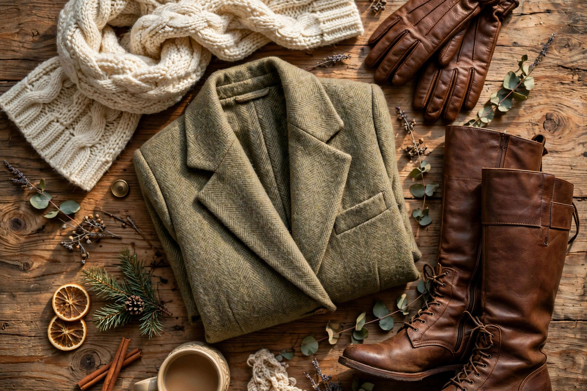 Flat lay of winter accessories including scarf, gloves, and boots