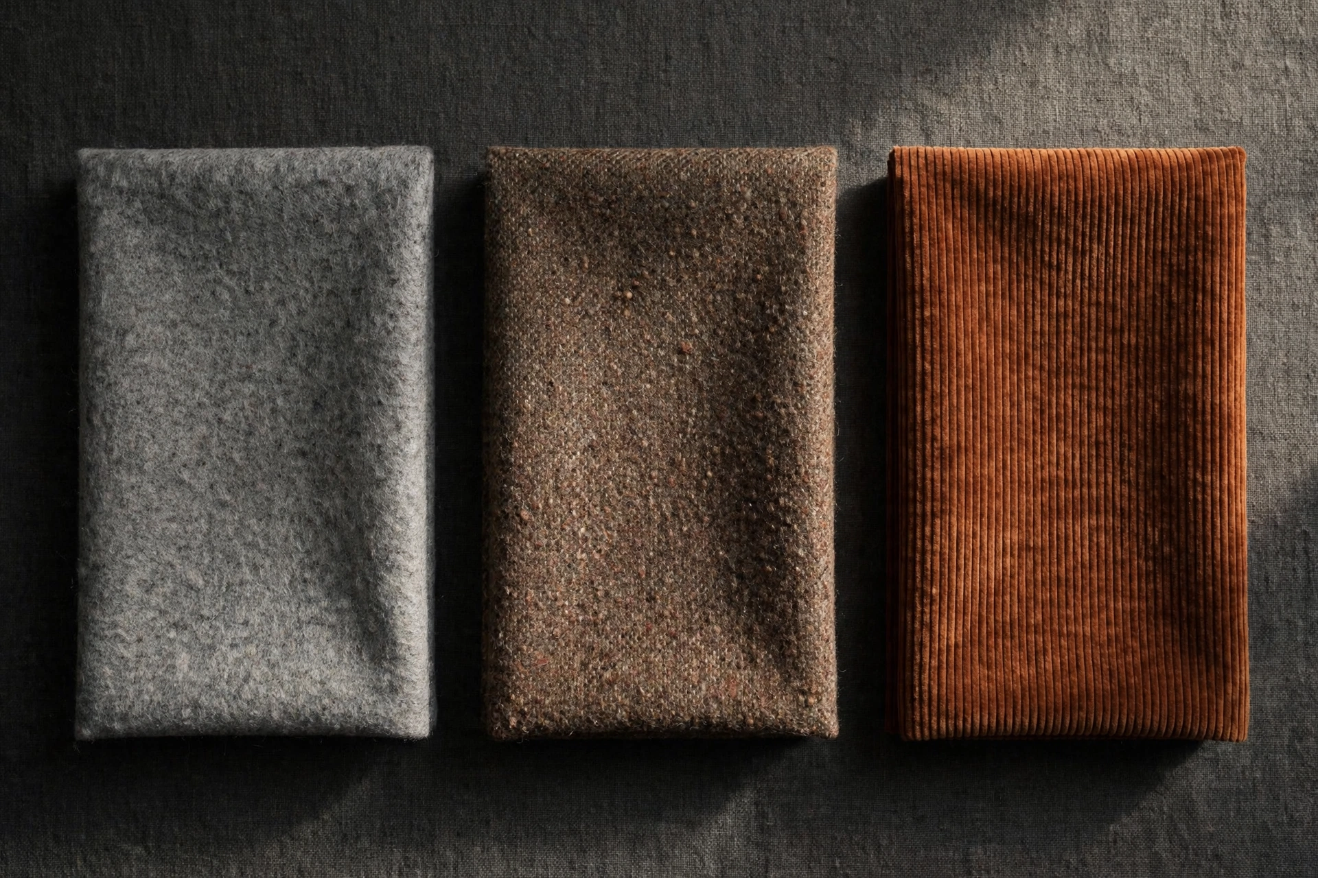 Flat lay of wool, tweed, and corduroy blazer fabric swatches