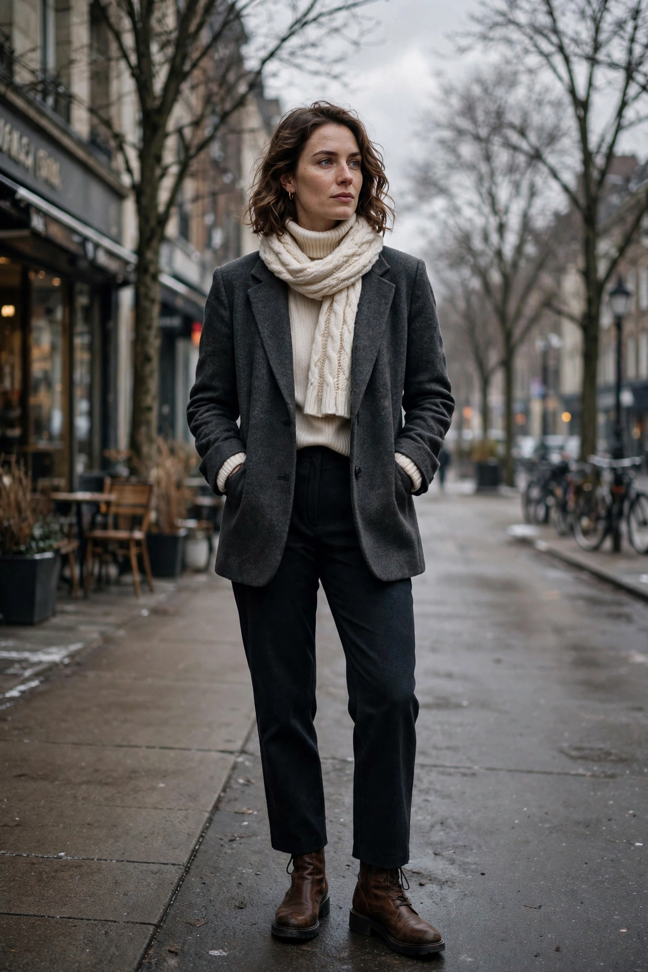 Woman wearing a wool blazer over a turtleneck with a scarf and boots