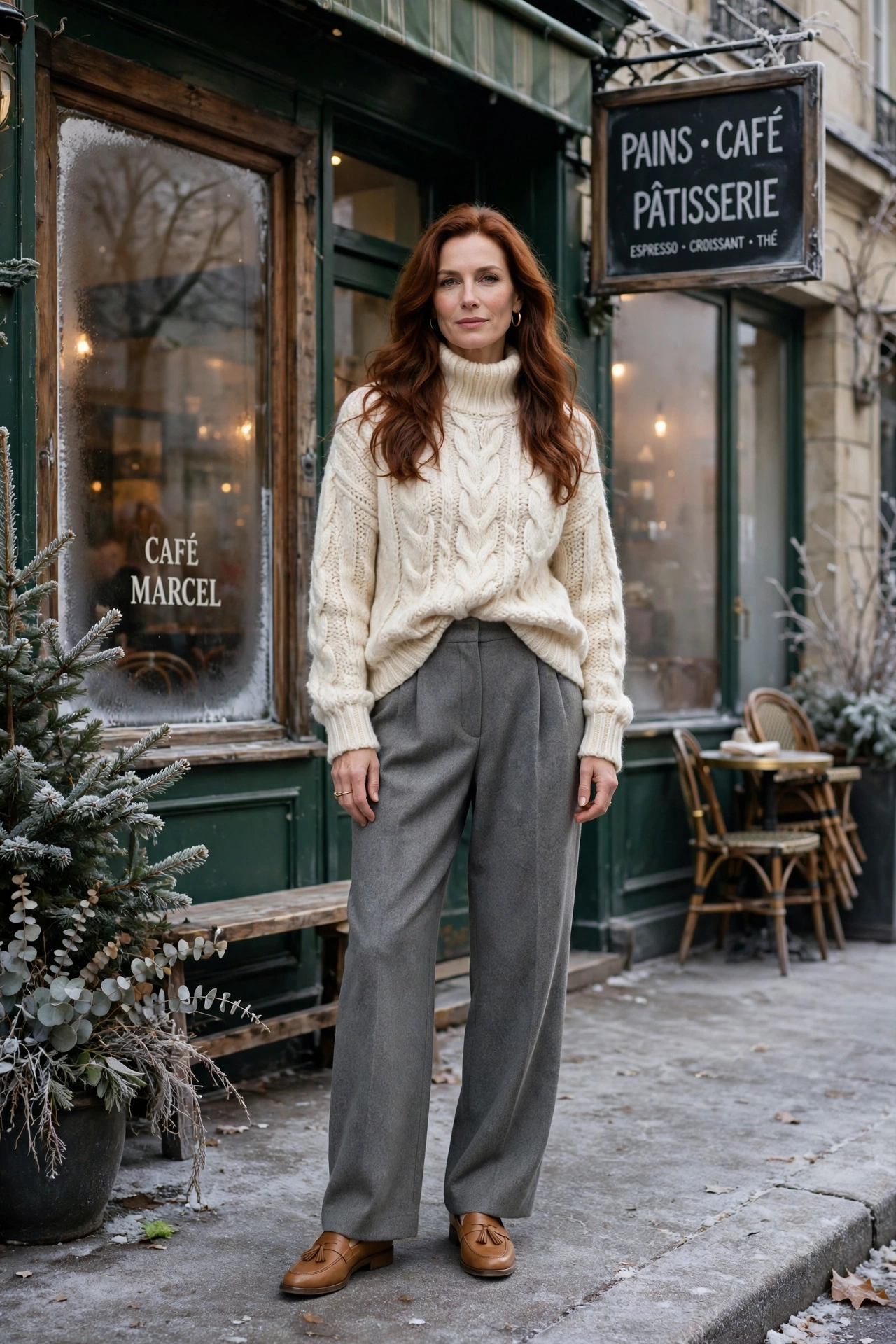 Chunky cream turtleneck with wide leg gray wool pants