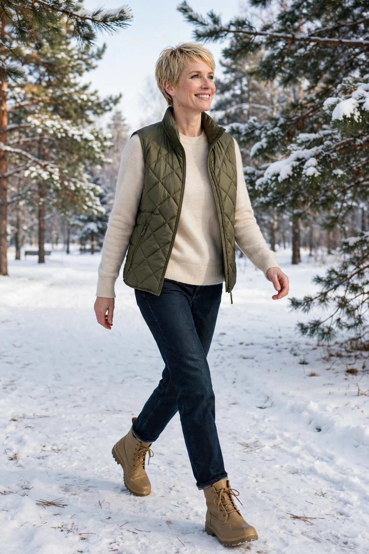 Olive puffer vest over a cream cashmere sweater