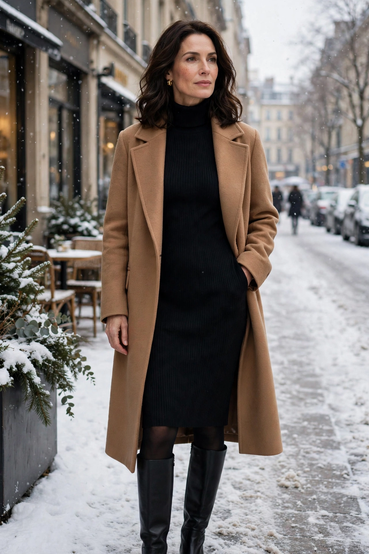 Woman in a camel wool coat over a black turtleneck dress