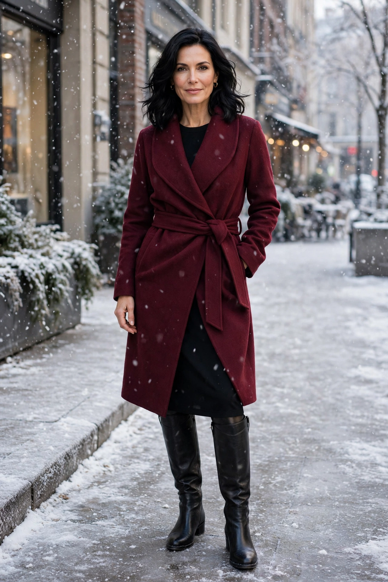 Burgundy wrap coat with black knee high boots