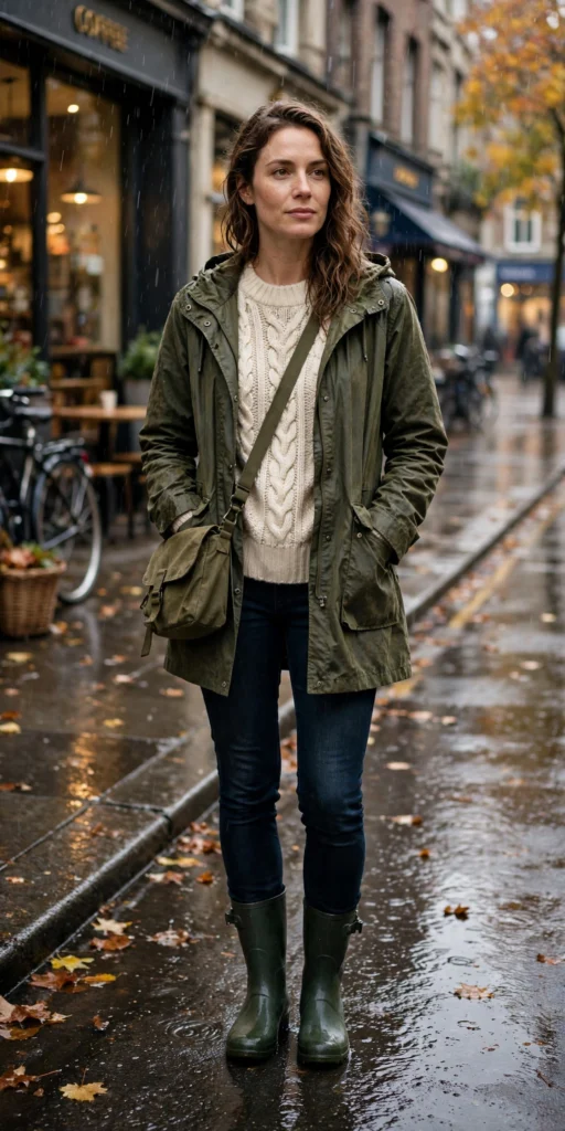 Rainy day 50 degree weather outfits with rain jacket and boots