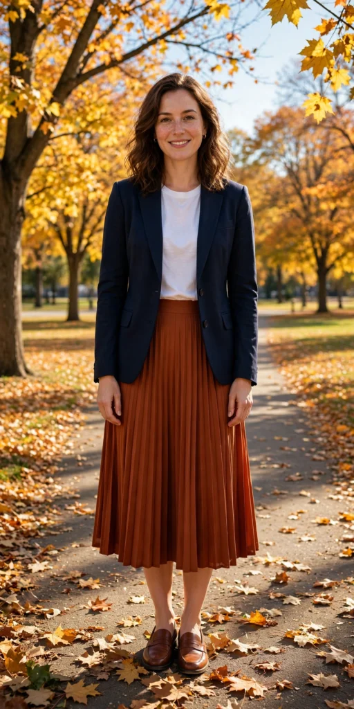 Sunny day 50 degree weather outfits with blazer and midi skirt