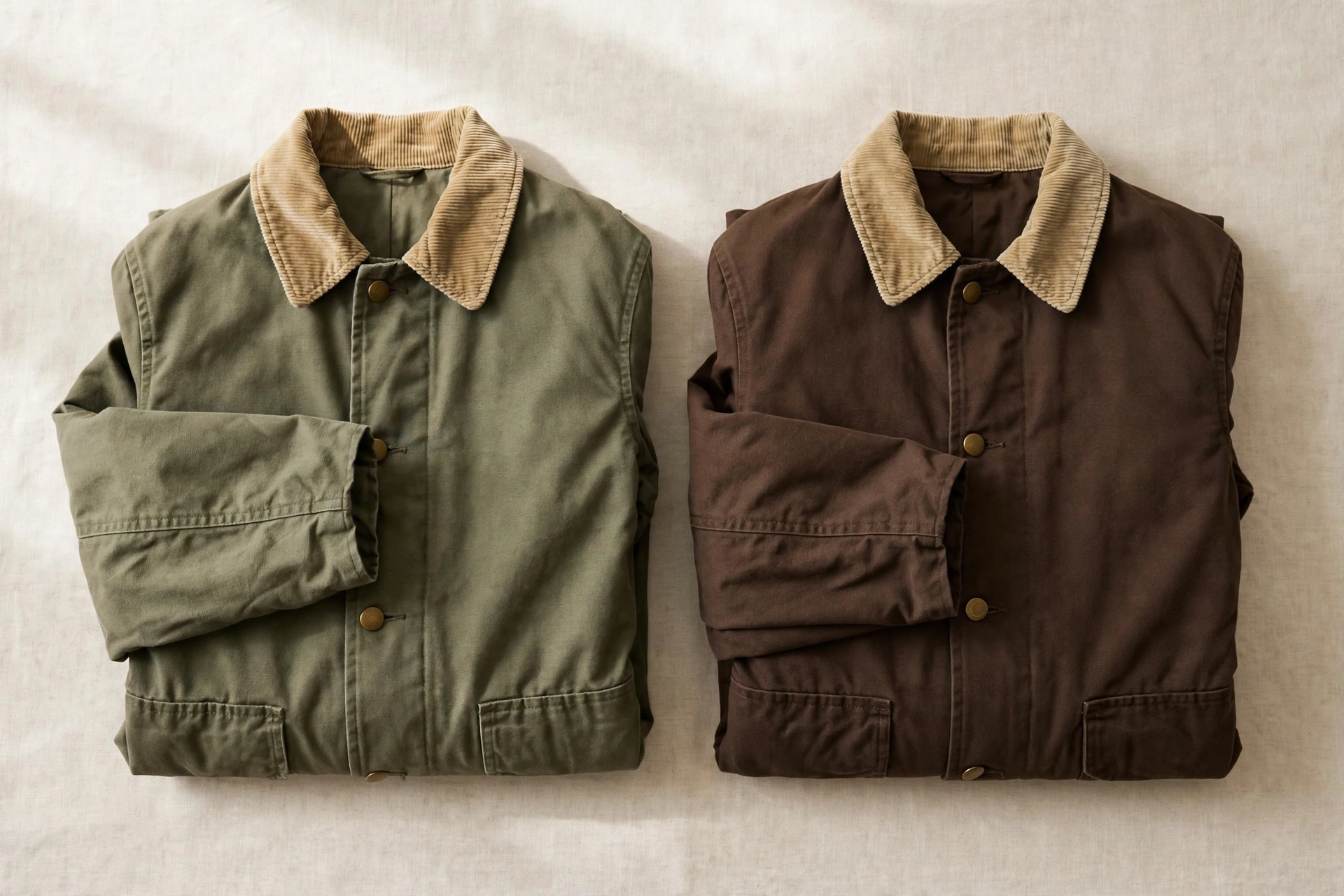 Flat lay of olive and chocolate brown barn jackets, showing color options for barn jacket outfits for women.