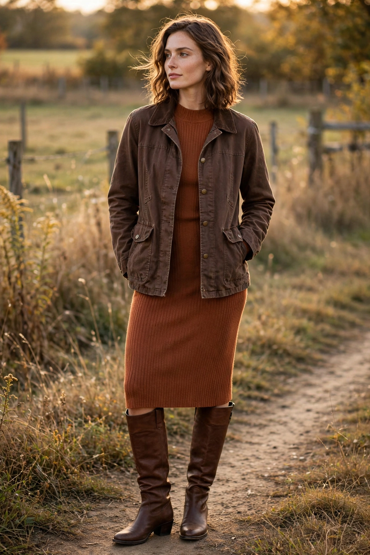 Barn jacket over a knit dress and knee high boots, a dressy option in barn jacket outfits for women.