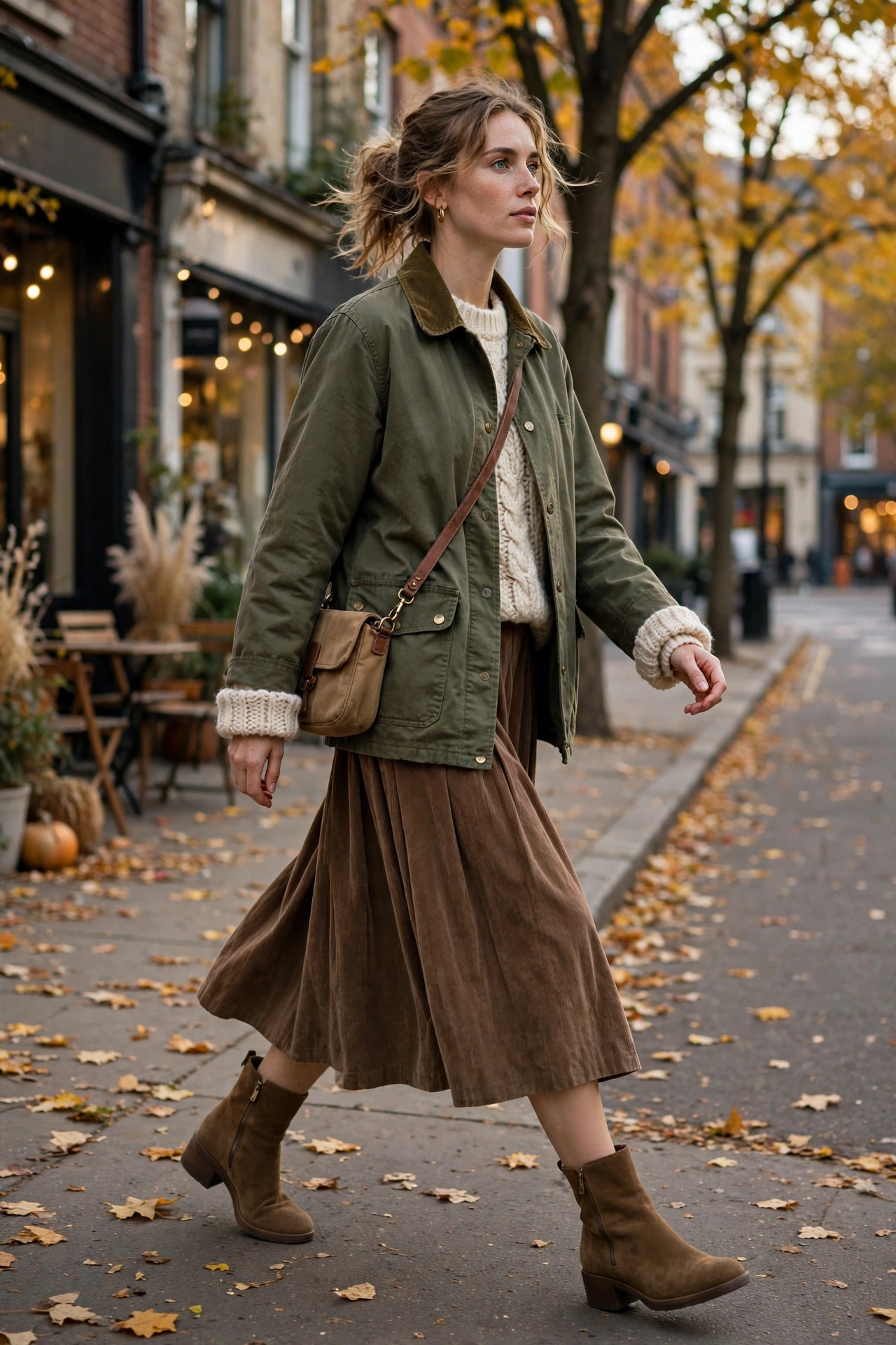 Barn jacket with a midi skirt and chunky knit, a weekend look in barn jacket outfits for women.