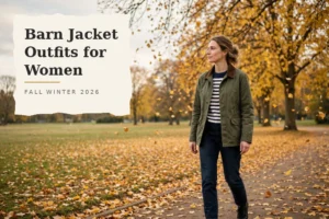 Woman wearing an olive barn jacket in an autumn park, an example of barn jacket outfits for women