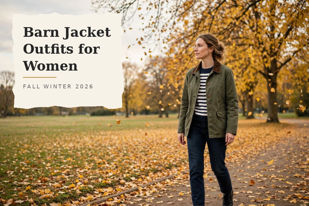 Woman wearing an olive barn jacket in an autumn park, an example of barn jacket outfits for women