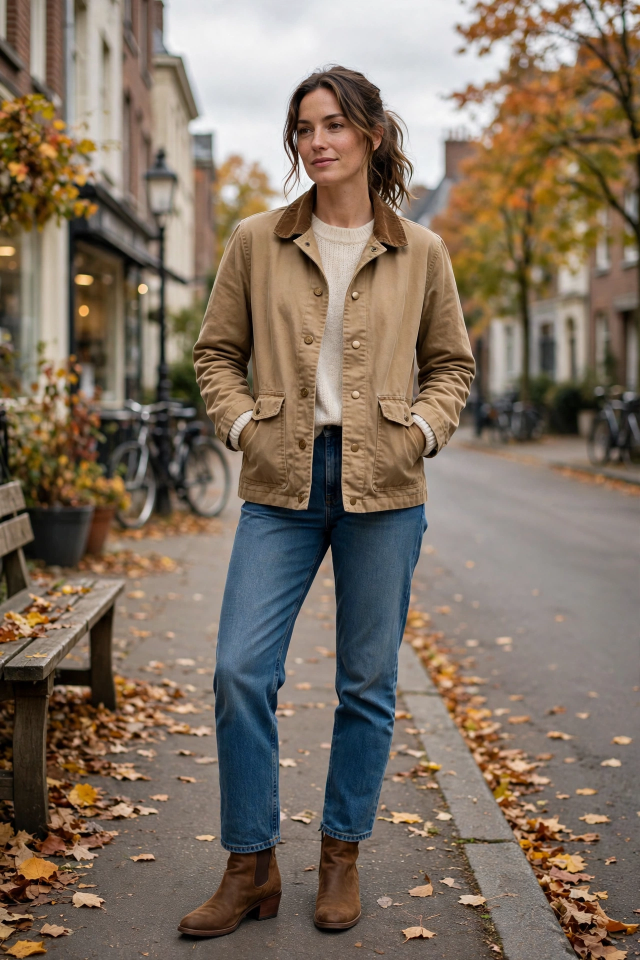 Woman wearing a tan barn jacket with jeans, an example of barn jacket outfits for women.