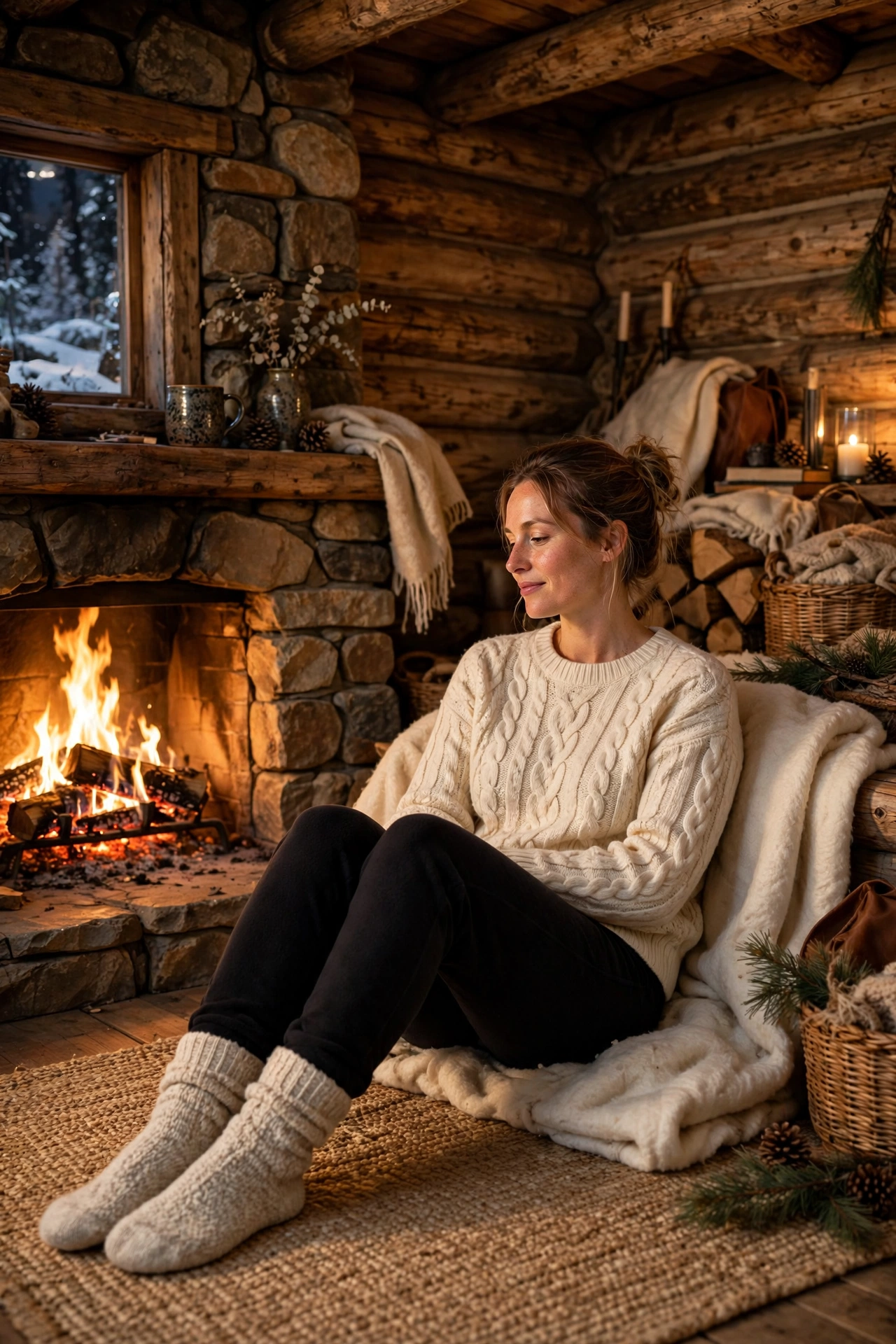 Fireside cabin weekend outfits with cable knit sweater and leggings