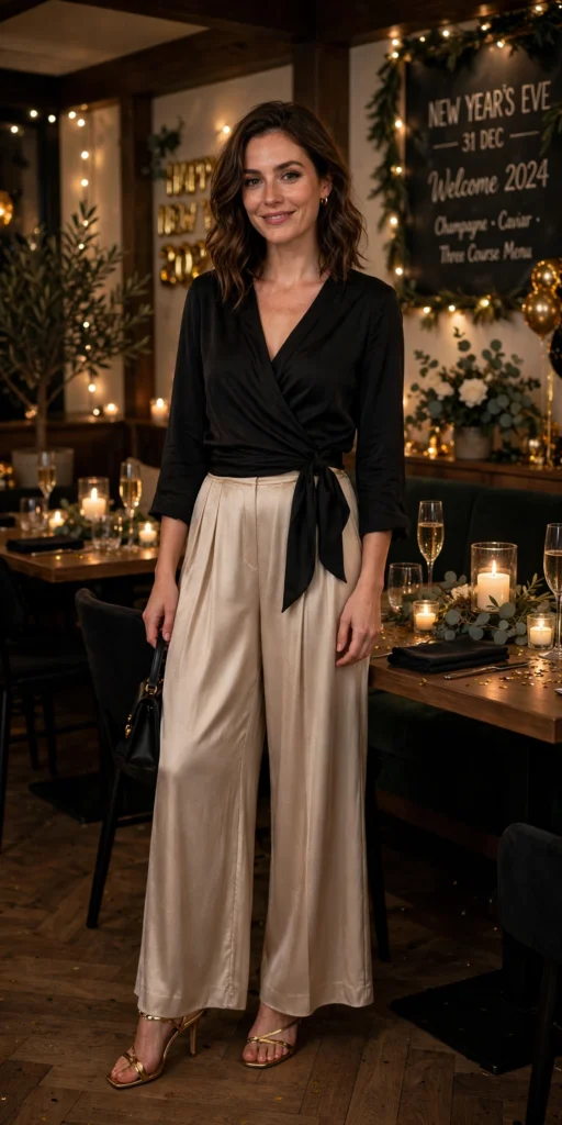 Dinner out casual new year's eve outfits with wrap top and trousers
