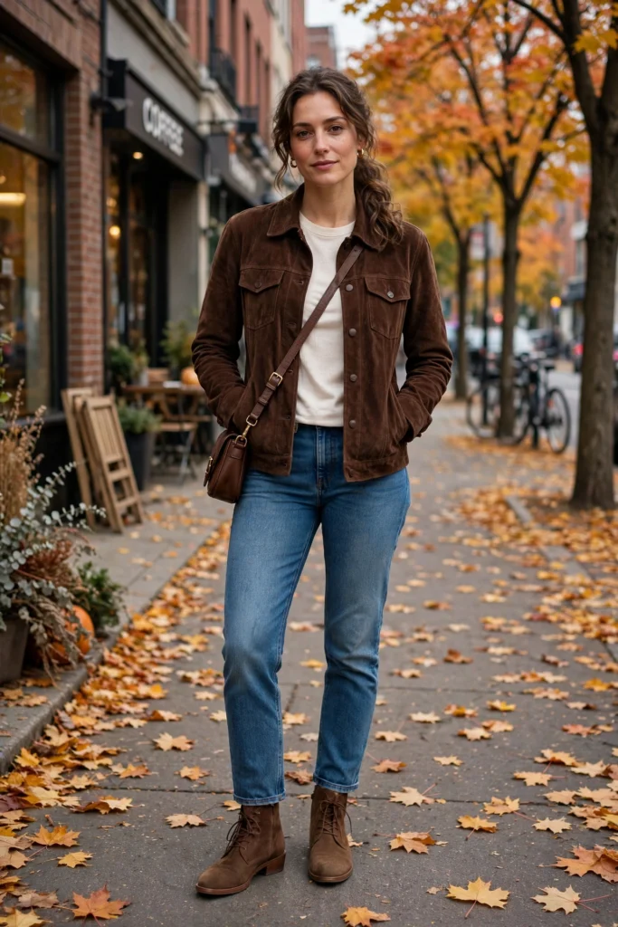 Chocolate brown outfits with denim and a suede jacket