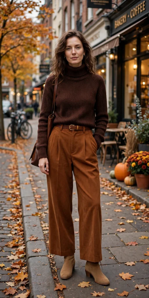 Tonal chocolate brown outfits with a turtleneck and wide-leg trousers