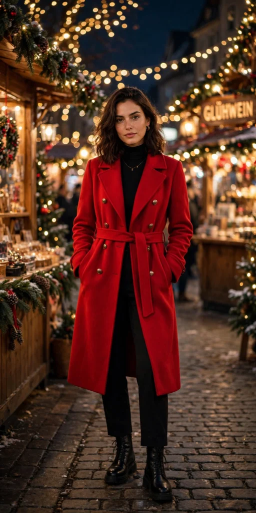 Photogenic christmas market outfits with red coat at night