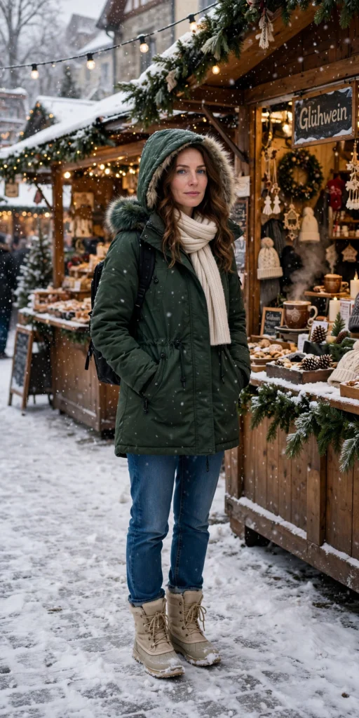 Snowy day christmas market outfits with parka and snow boots