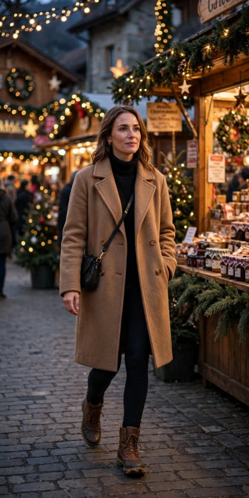 Warm walkable christmas market outfits with wool coat and boots