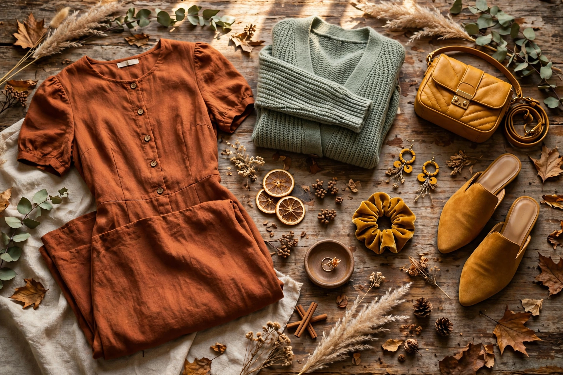 Rustic barn wedding guest outfits color palette flat lay in rust, sage, and mustard tones