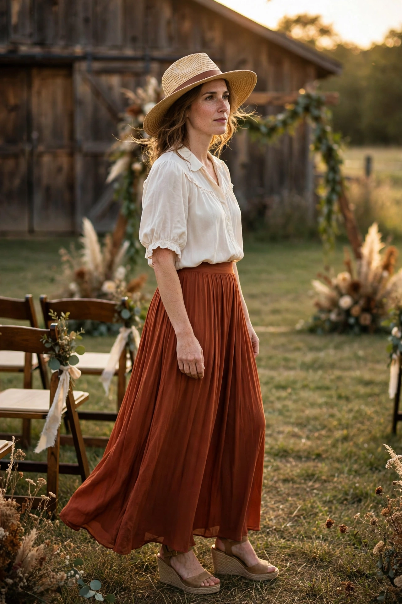 Rustic barn wedding guest outfits with a cream blouse and flowing rust maxi skirt at an outdoor ceremony