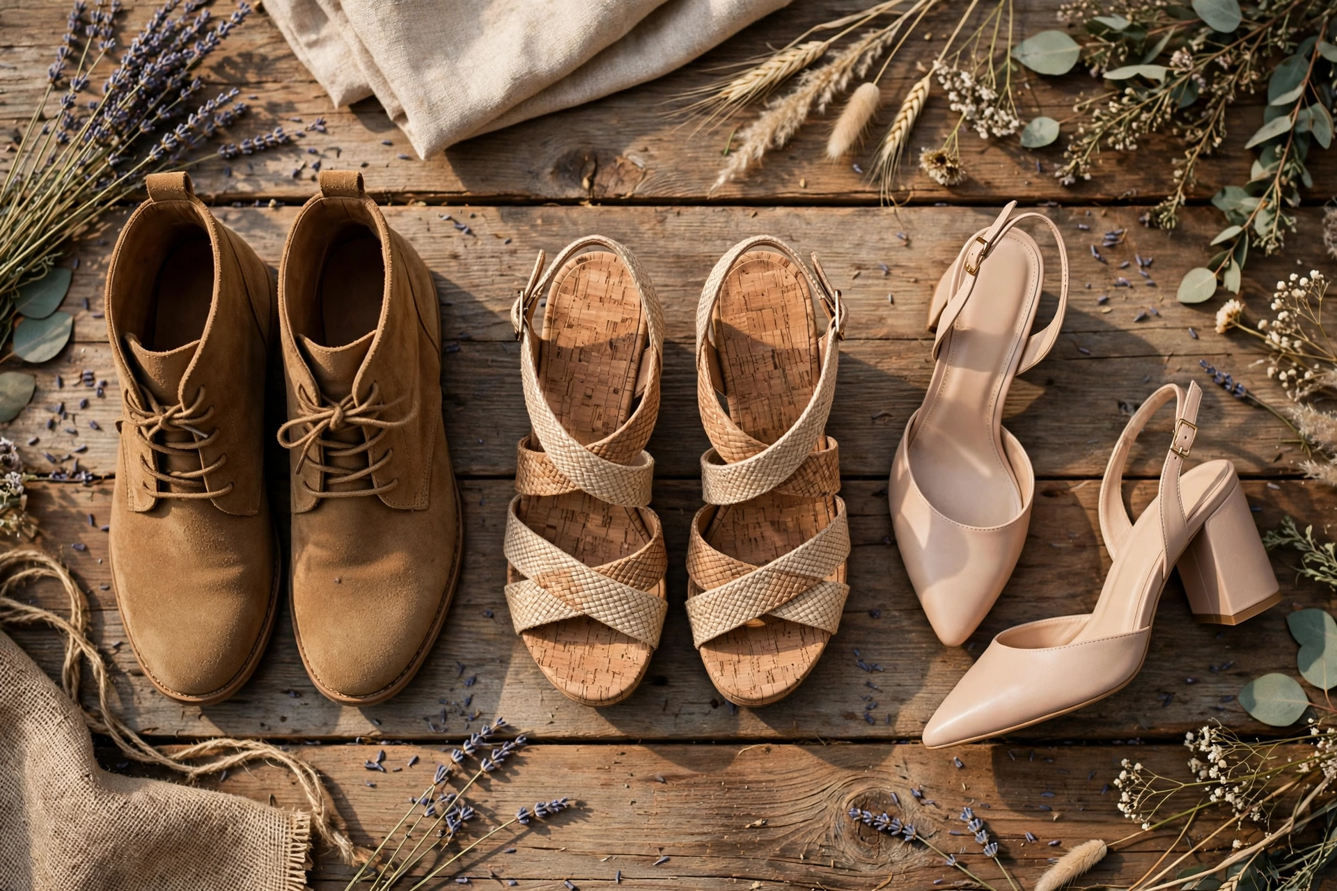 Rustic barn wedding guest outfits footwear options with ankle boots, wedge sandals, and block heels