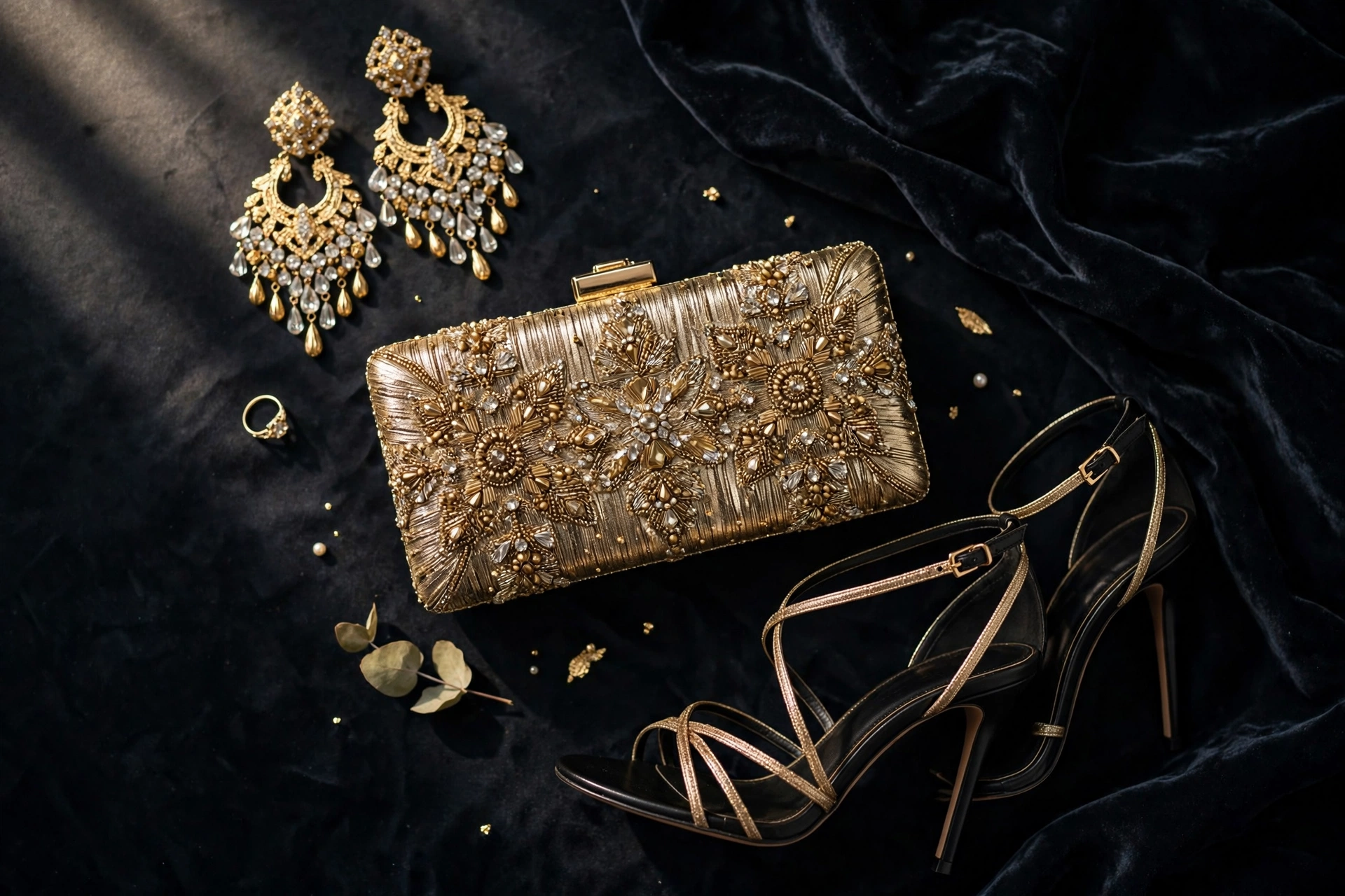 Black tie wedding guest outfits accessories flat lay with gold earrings, metallic clutch, and strappy heels