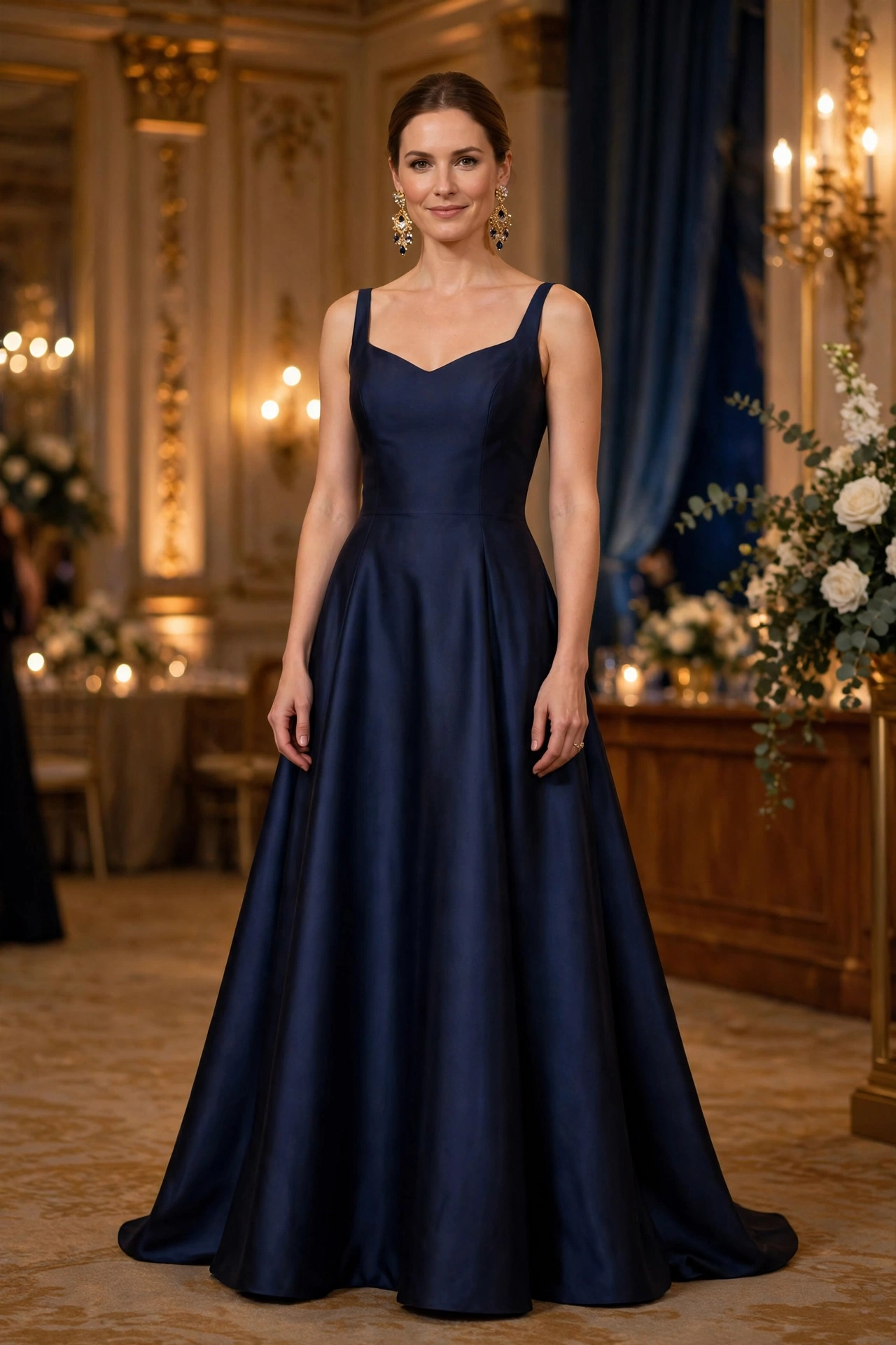 Black tie wedding guest outfits, navy A-line gown with statement earrings at a formal evening event