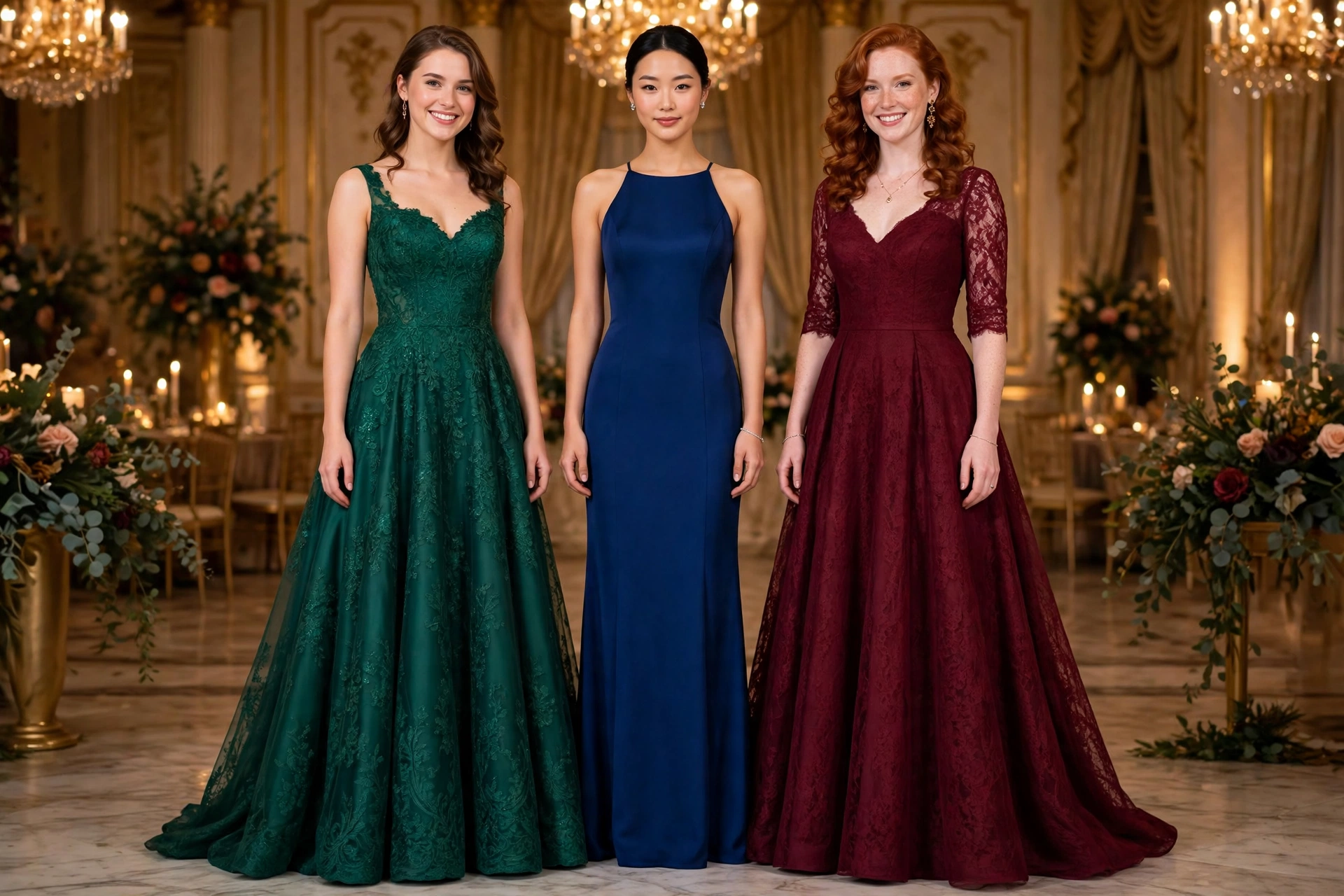 Black tie wedding guest outfits showing A-line, column, and fit-and-flare gown silhouettes side by side