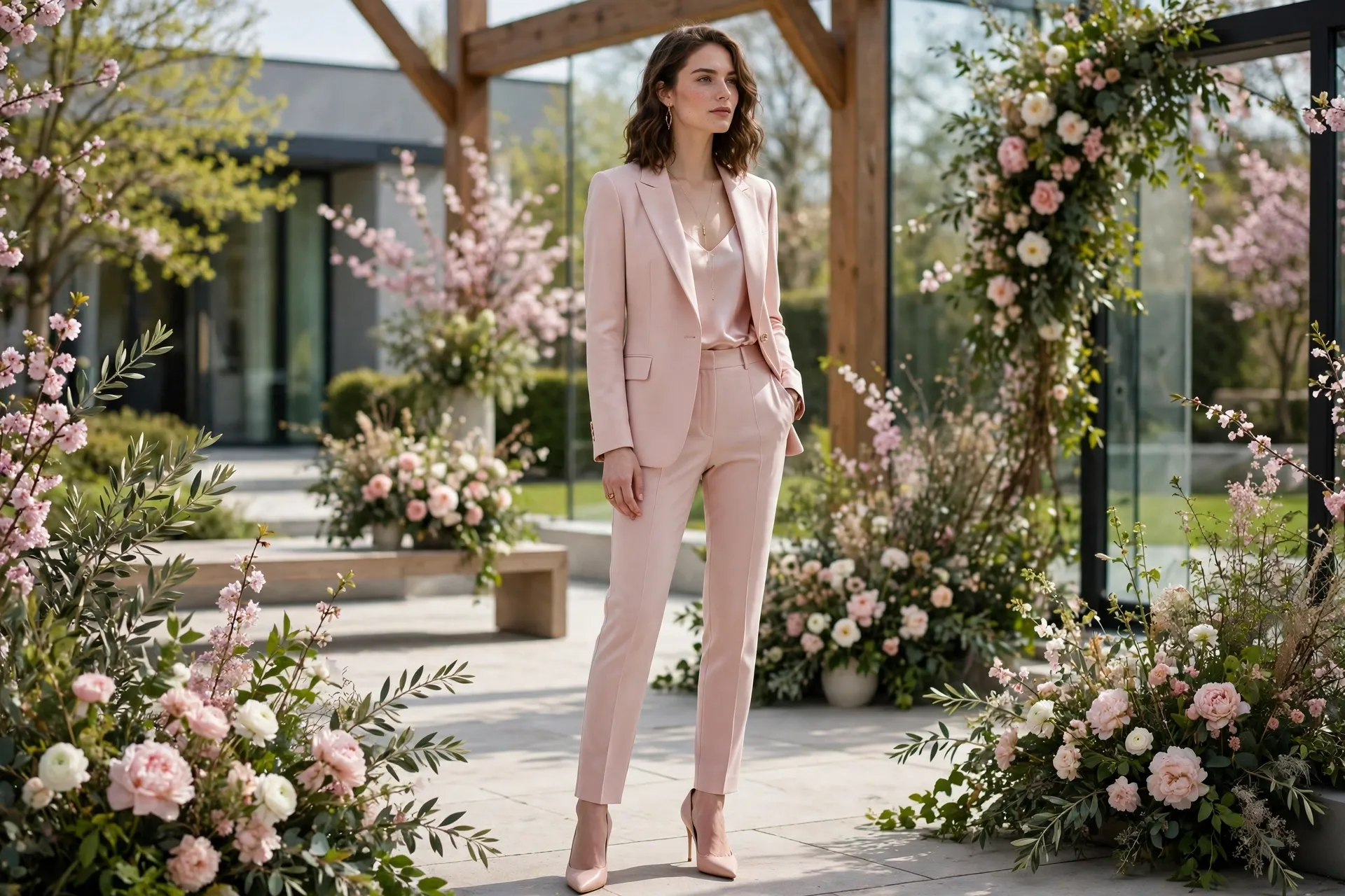 Blush pink tailored suit for a spring wedding