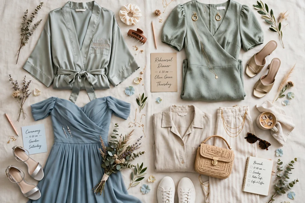 Bridesmaid outfits for the wedding weekend laid out for each event