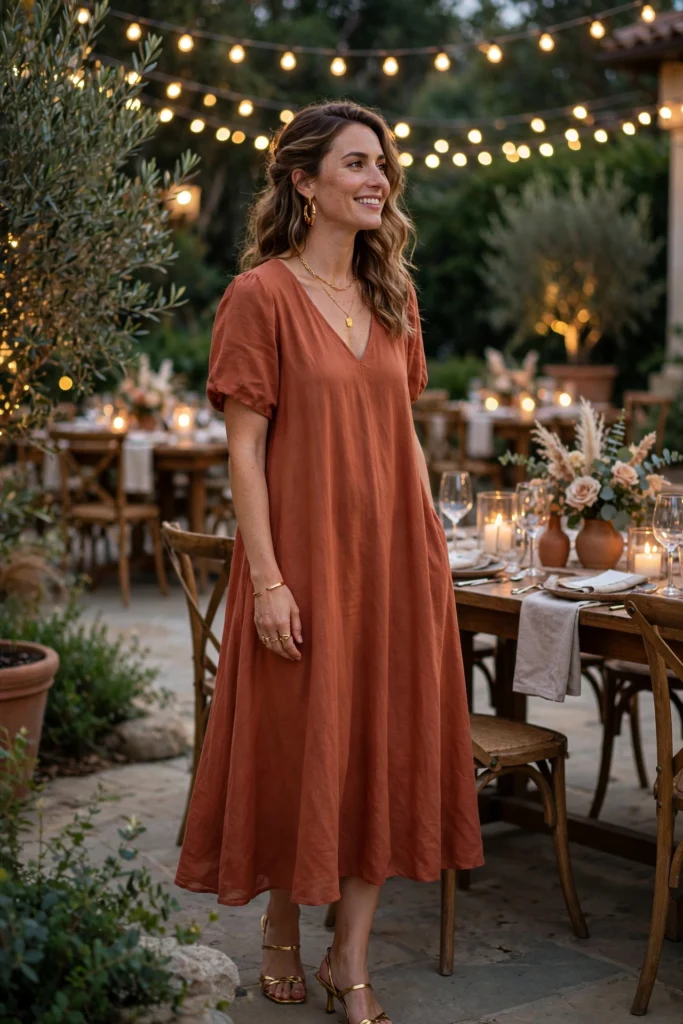 Bridesmaid outfits for the wedding weekend with a terracotta midi dress for the rehearsal dinner