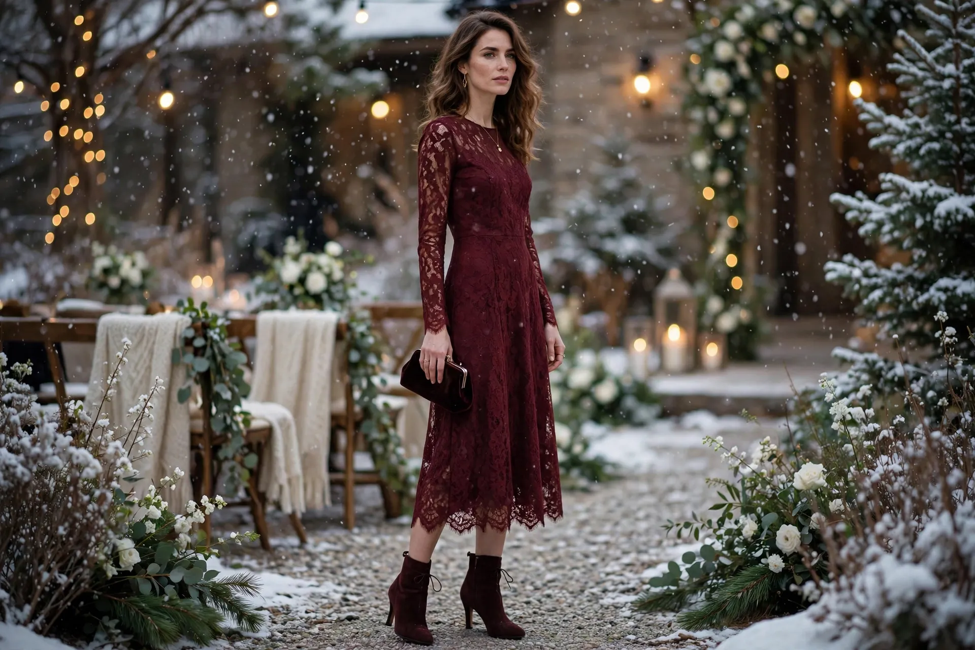 Burgundy lace midi dress with heeled ankle boots for a winter wedding