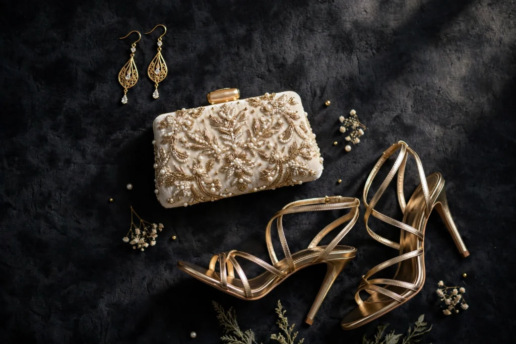 Cocktail wedding guest outfits accessories flat lay with drop earrings, clutch, and strappy heels