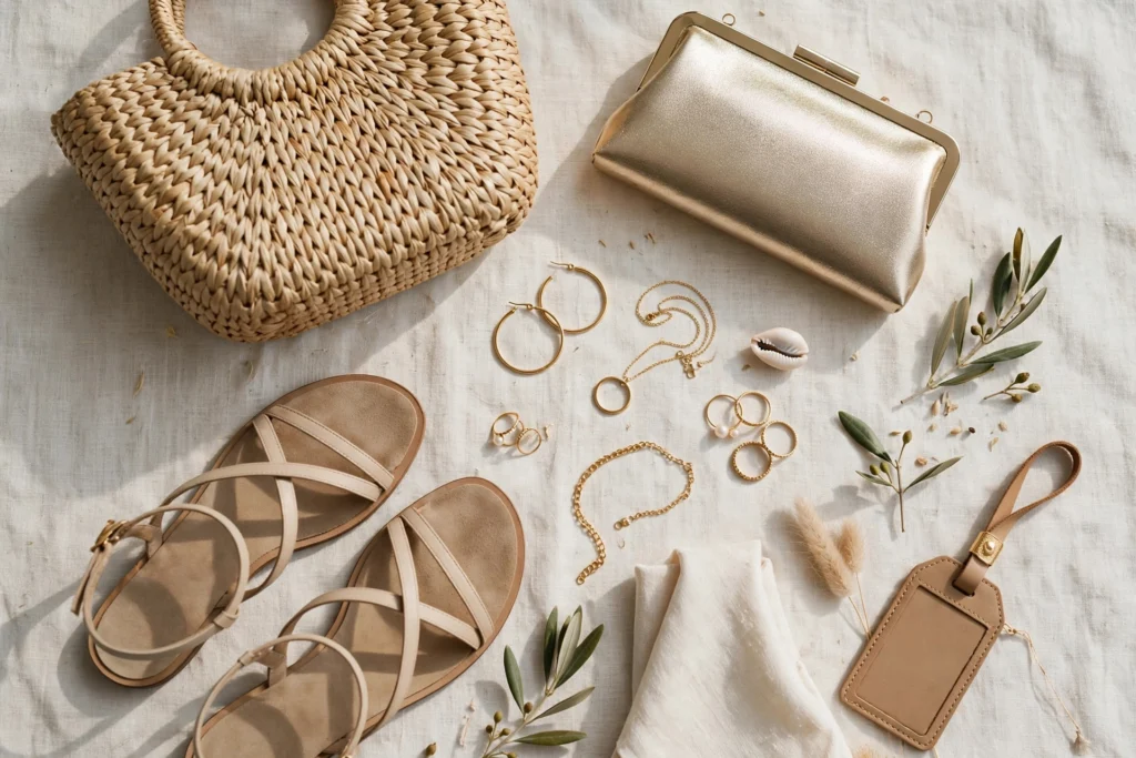 Destination wedding guest outfits travel accessories flat lay with sandals, jewelry, and clutch