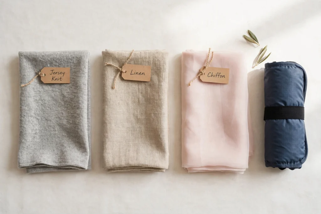 Destination wedding guest outfits travel-friendly fabric swatches in jersey, linen, and chiffon
