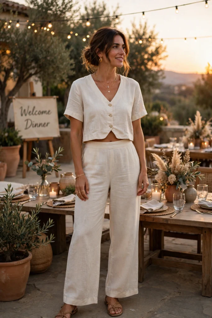 Destination wedding guest outfits with a cream linen two-piece set at a welcome dinner